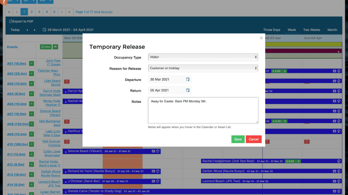 Berth release screen